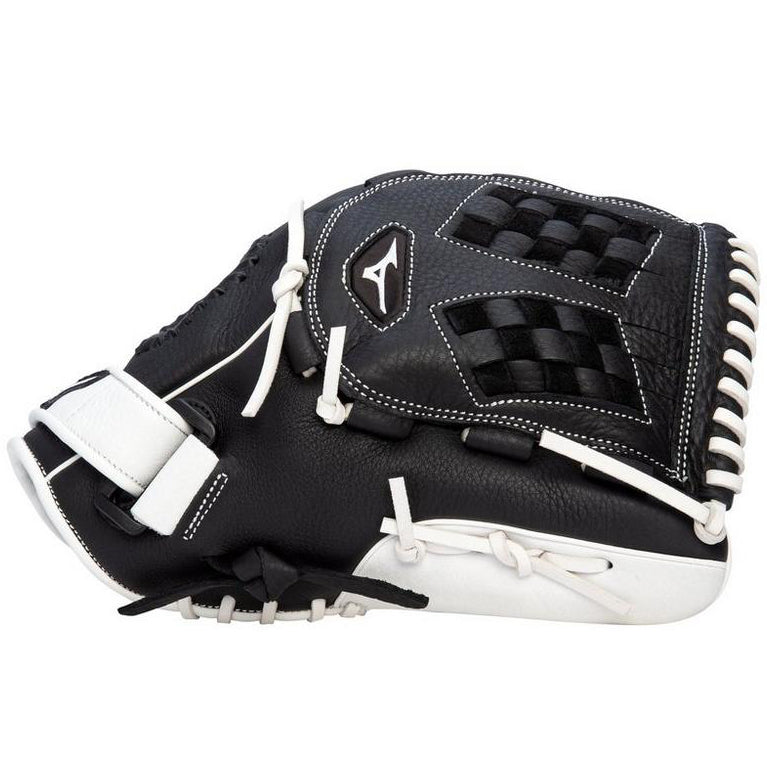 The Mizuno Franchise 12.5" Fastpitch Glove (GFN1251F4 / 312969) is a black and white glove with white laces, woven pocket, full grain leather, detailed stitching, and the Mizuno logo on the back.