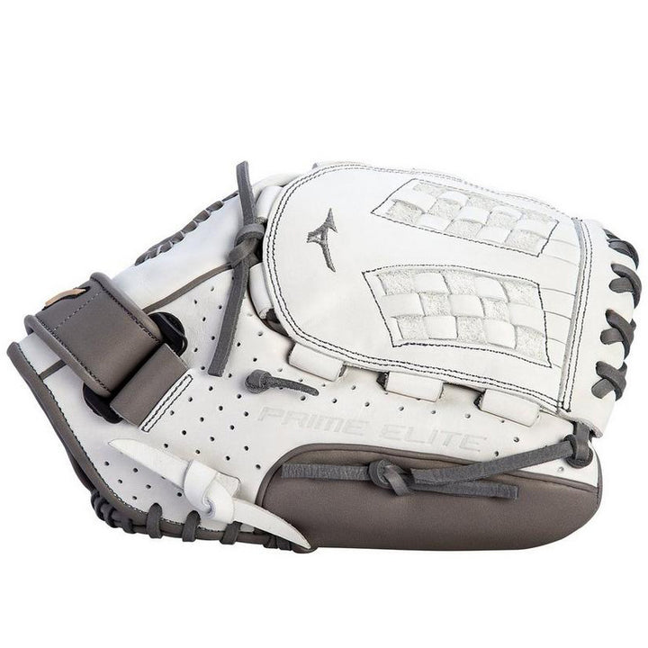 The Mizuno Prime Elite 12.5" Fastpitch Glove (GPE1250F1 / 312967) features a white and gray design with black lacing, a Prime Elite label on the side, and is shown from a side view.