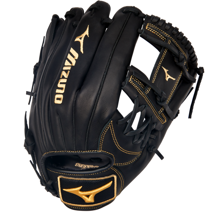 The Mizuno MVP Prime 11.75" Baseball Glove (GMVP1175P4) features a black design with gold stitching, crafted from Bio Soft Leather, open web style, and an adjustable wrist strap.