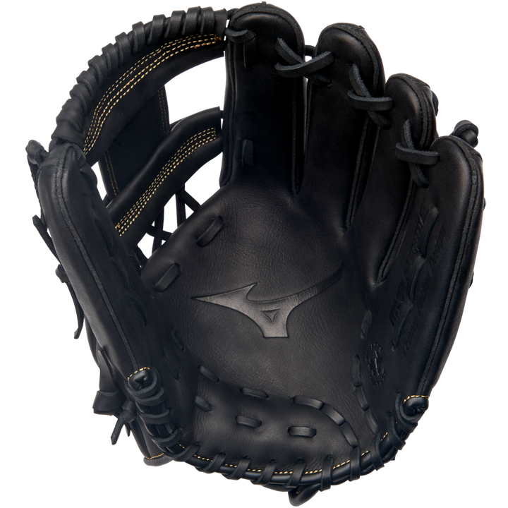 The Mizuno MVP Prime 11.75" Baseball Glove (GMVP1175P4) features black Bio Soft Leather, visible stitching, and an embossed Mizuno logo in the center of the palm, shown from the inside.