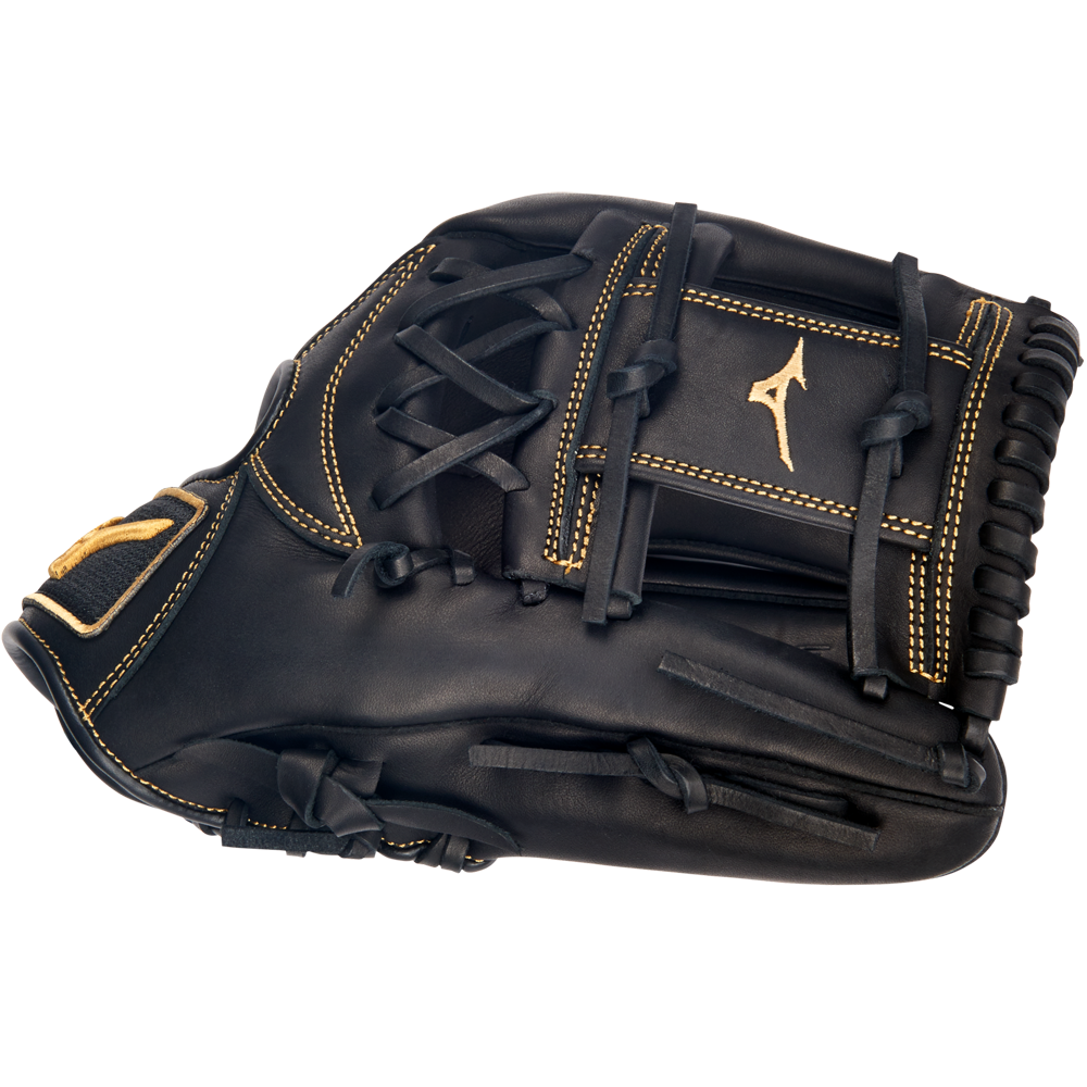 The Mizuno MVP Prime 11.75" Baseball Glove (GMVP1175P4) features black Bio Soft Leather, tan stitching and laces, and a gold Mizuno logo, displayed against a plain white background.
