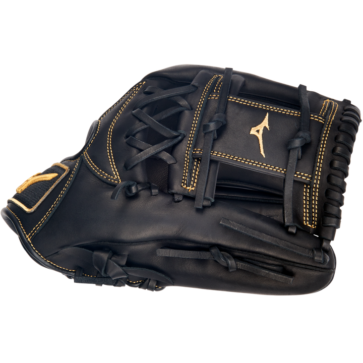 The Mizuno MVP Prime 11.75" Baseball Glove (GMVP1175P4) features black Bio Soft Leather, tan stitching and laces, and a gold Mizuno logo, displayed against a plain white background.