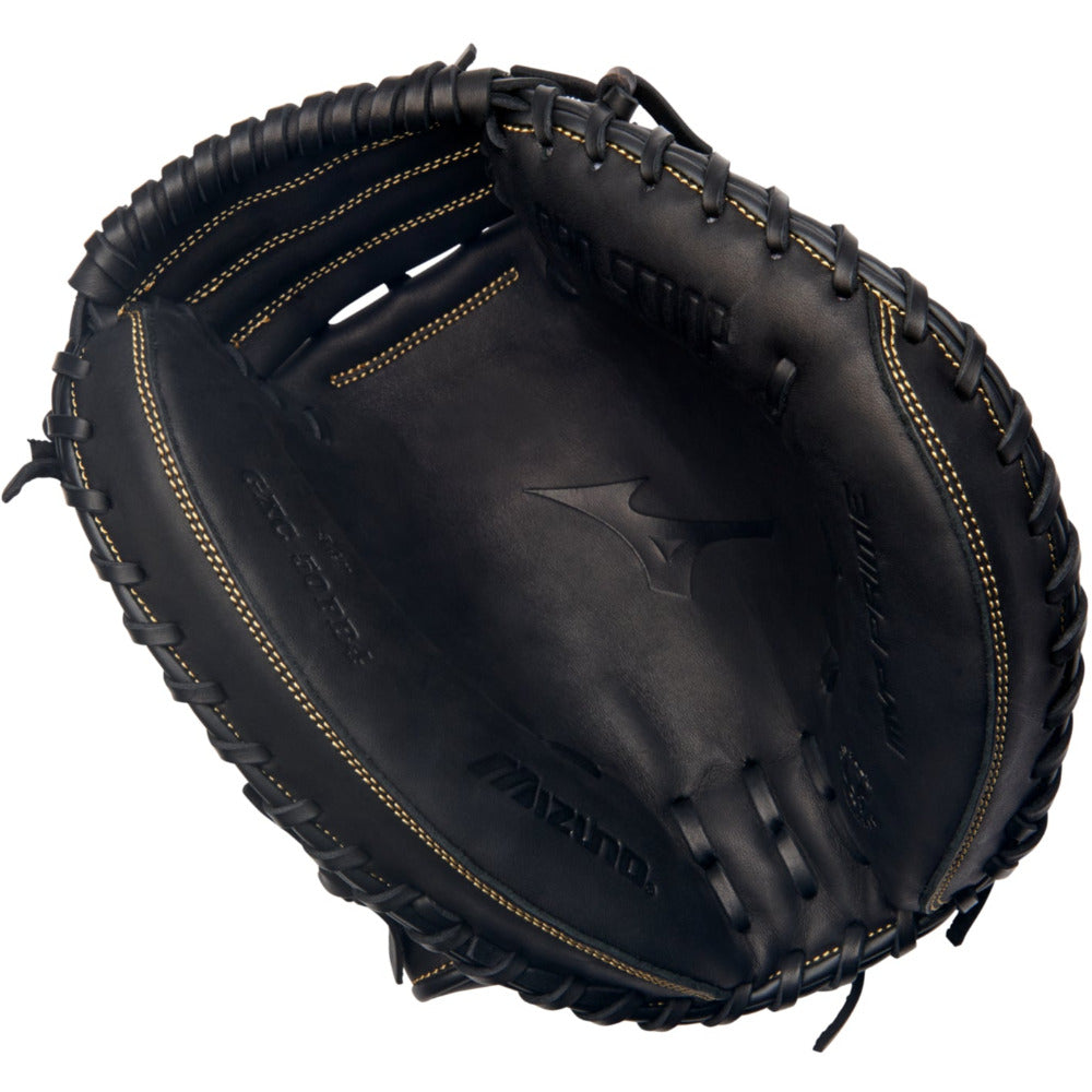 A Mizuno MVP Prime 34" Catcher's Mitt (GXC50PB4 / 313059) by Mizuno, made of Bio Soft Leather with tan stitching and detailed lacing, is shown from above to highlight the pocket and inner palm.