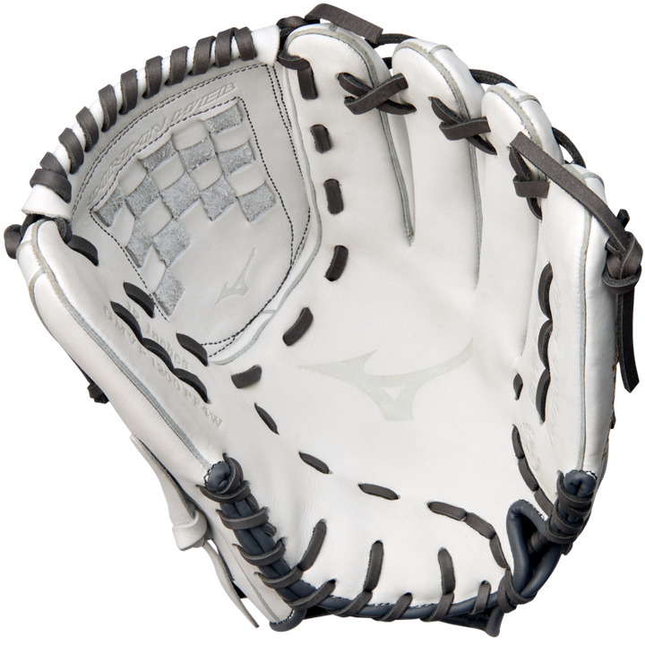 A Mizuno MVP Prime 12" Fastpitch Glove (GMVP1200PF4W) in white and gray with black laces, open to display its Bio Soft Leather palm, webbing, and interior details. The Mizuno logo is visible on the palm.