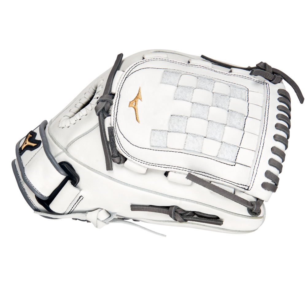 The Mizuno MVP Prime 12" Fastpitch Glove (GMVP1200PF4W) features white Bio Soft Leather, gray laces, a gold Mizuno logo, and a woven web pocket, shown on a white background.