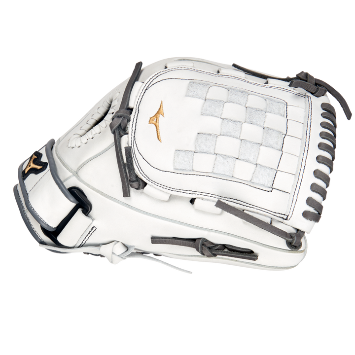 The Mizuno MVP Prime 12" Fastpitch Glove (GMVP1200PF4W) features white Bio Soft Leather, gray laces, a gold Mizuno logo, and a woven web pocket, shown on a white background.