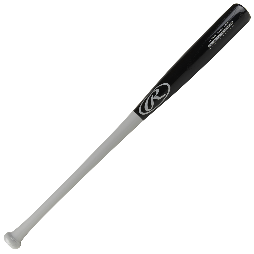 The Rawlings Player Preferred Ash Wood Baseball Bat (318RAW) features a white handle, black barrel, and the Rawlings logo near the top, displayed against a plain white background.