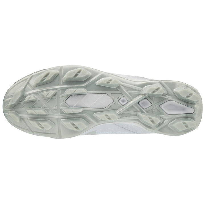 The Mizuno Finch Select Nine TPU Women's Molded Fastpitch Softball Cleats (320591) feature a white design with white soles and TPU molded cleats for superior traction.