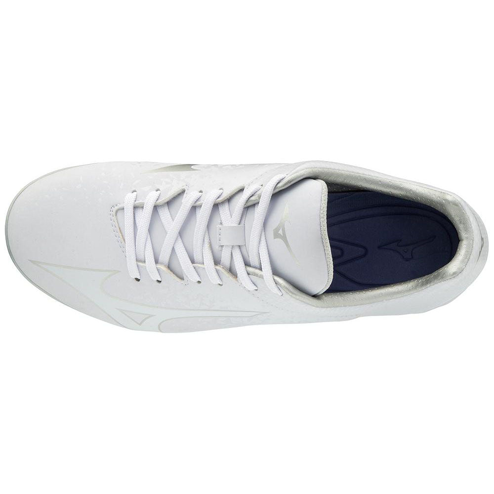 Top view of the Mizuno Finch Select Nine TPU Women's Molded Fastpitch Softball Cleats (320591) in white, featuring white laces, a navy blue insole, Mizuno logos, and TPU molded cleats for superior grip—ideal for Jennie Finch fans.