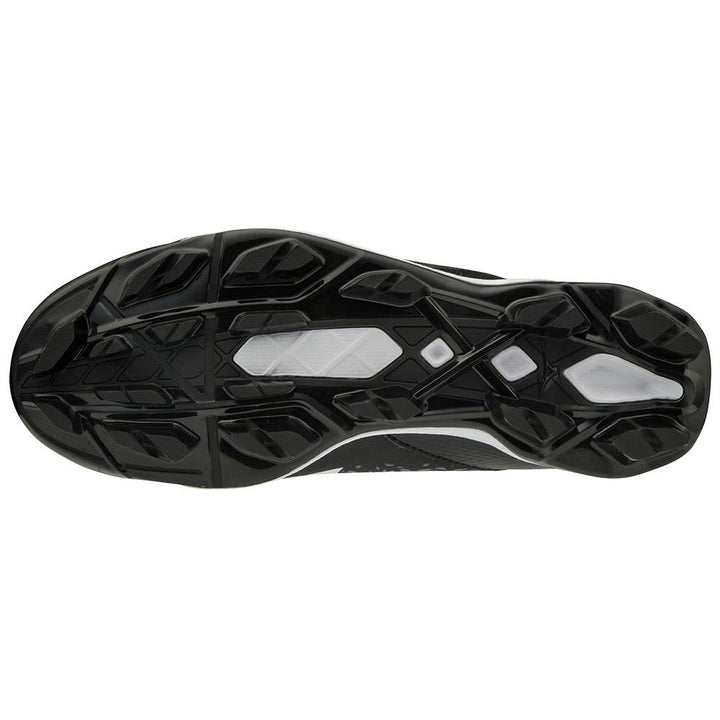 Close-up of the black and white sole on Mizuno Finch Select Nine TPU Women's Molded Fastpitch Softball Cleats (320591), showing a geometric tread pattern and molded TPU cleats by Mizuno for superior traction and stability.