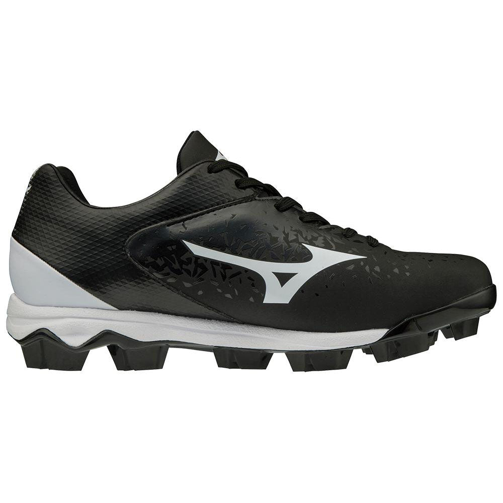 The Mizuno Finch Select Nine TPU Women's Molded Fastpitch Softball Cleats (320591) feature a black and white design, Mizuno Wave plate, bold white logo, and TPU molded studs—ideal for use on grass or turf.