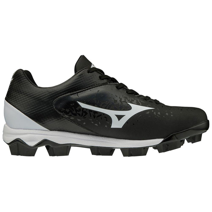 The Mizuno Finch Select Nine TPU Women's Molded Fastpitch Softball Cleats (320591) feature a black and white design, Mizuno Wave plate, bold white logo, and TPU molded studs—ideal for use on grass or turf.