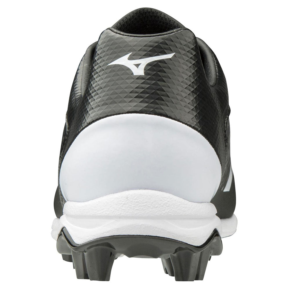 Rear view of the Mizuno Finch Select Nine TPU Women's Molded Fastpitch Softball Cleats (320591) in black and white, featuring a textured heel, white Mizuno logo, cushioned sole, Wave plate for support, and durable TPU molded cleats.