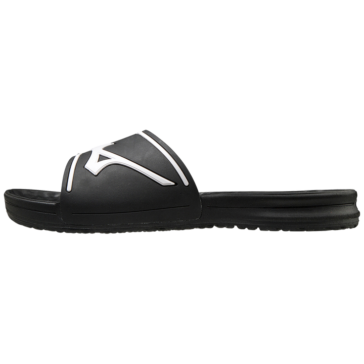 The Mizuno Relax Slide 2 Adult Slides (320629) feature a black design with a thick strap and white stylized Mizuno logo, plus a flat, textured sole and cushioned EVA midsole for comfort. Shown in men's sizing on a plain white background.