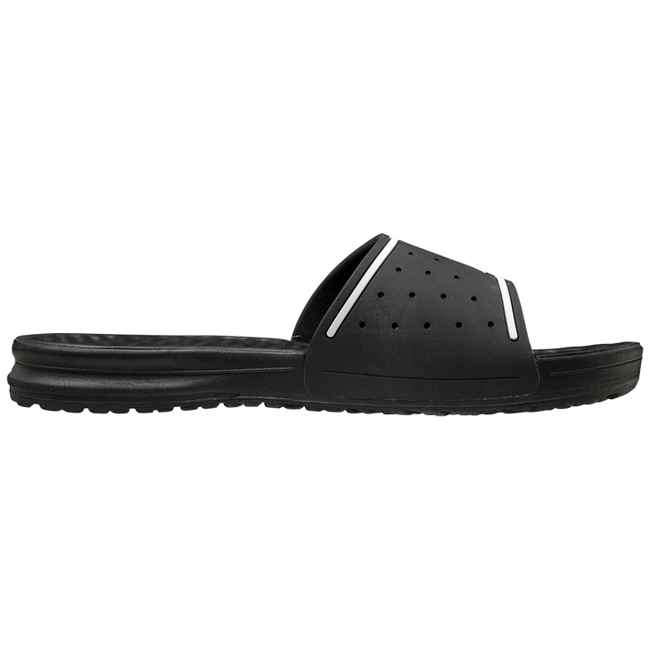 The Mizuno Relax Slide 2 Adult Slides (320629) by Mizuno are black men's slides with a thick, perforated strap and contoured sole featuring a cushioned EVA midsole, displayed in profile against a white background.
