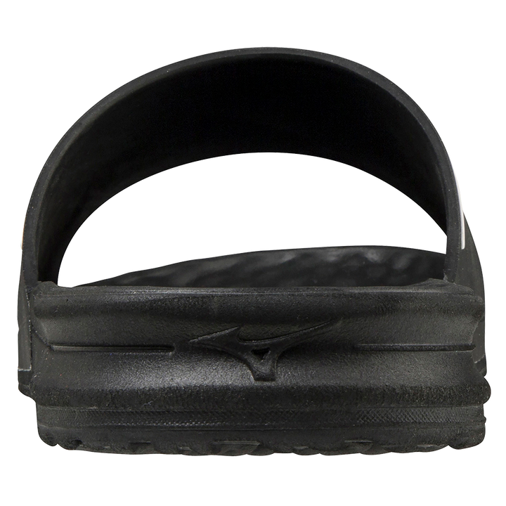 The Mizuno Relax Slide 2 Adult Slides (320629) by Mizuno are black men’s slides with a cushioned EVA midsole, displayed on a white background.