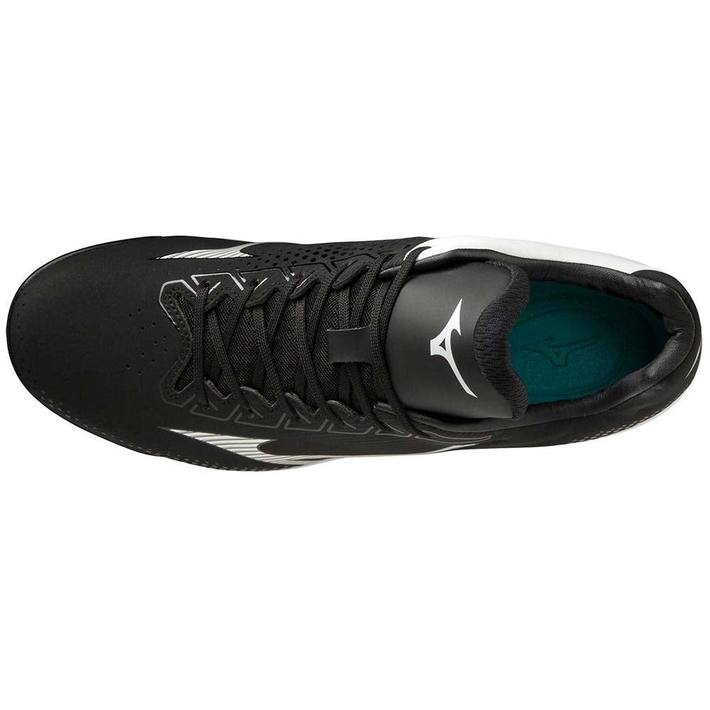 Top view of the Mizuno Wave Lightrevo Junior Youth Molded Cleats (320673) in black with white accents, black laces, teal inner lining, and a Mizuno logo on the tongue. Features a durable TPU outsole for young athletes.