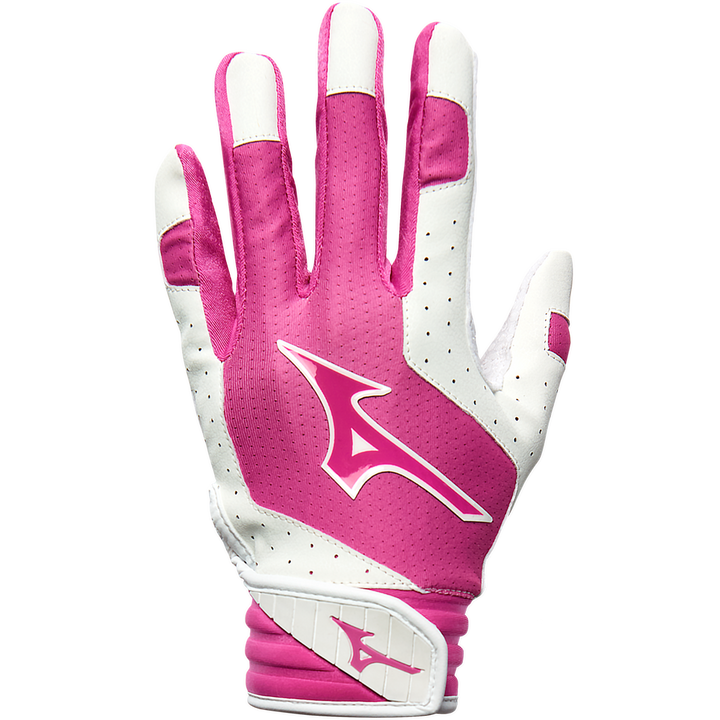 A Mizuno Finch Girls's (Youth) Batting Glove (330428) in pink and white, featuring ventilation holes and the Mizuno logo on the back, is pictured palm down against a plain white background.