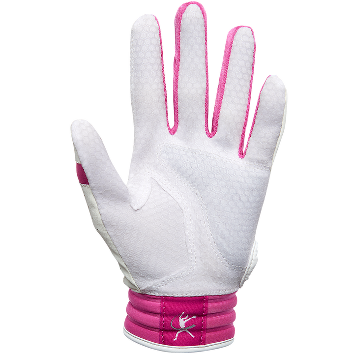 A Mizuno Finch Girls's (Youth) Batting Glove, white with pink trim and stitching, featuring a small kangaroo logo on the pink wrist strap, is shown palm up against a plain background.