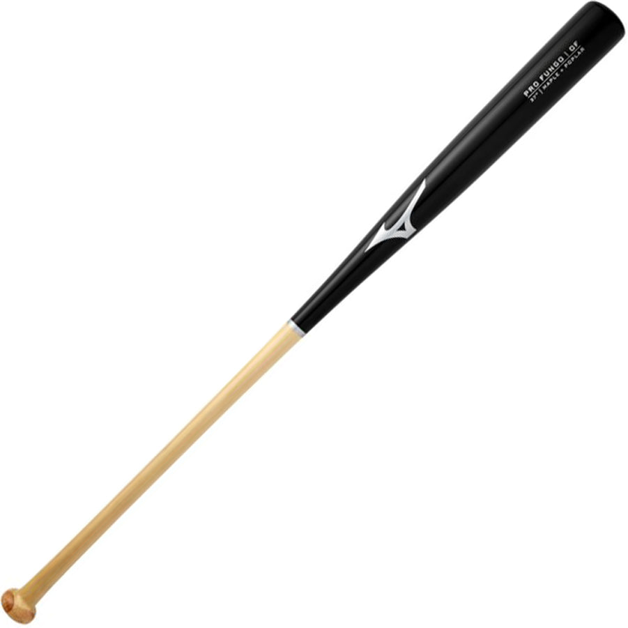 The Mizuno Pro Fungo 37" Wood Training Bat (340626) features a natural wood handle, black barrel, and white logo/text, making it ideal for infield or outfield fungo practice.