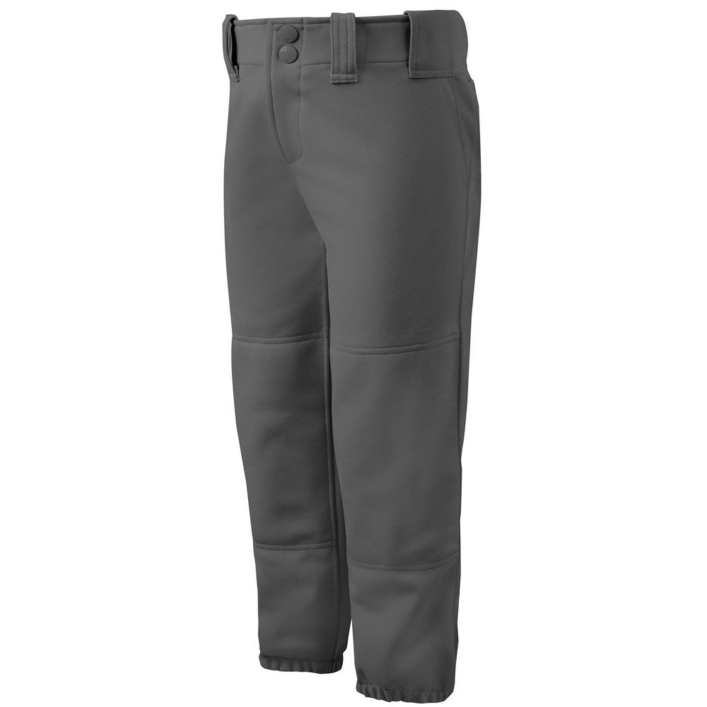 The Mizuno Women's Belted Fastpitch Softball Pants (350150) are gray with reinforced knees, belt loops, and elastic ankle cuffs for comfort and durability. Displayed on a white background.