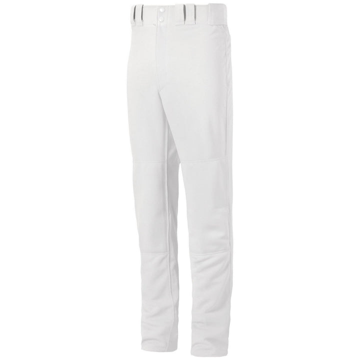 The Mizuno Adult Premier Pro G2 Open Bottom Baseball Pants (350386) feature belt loops, a front fly, and reinforced knees for durability, shown here in professional white against a white background.