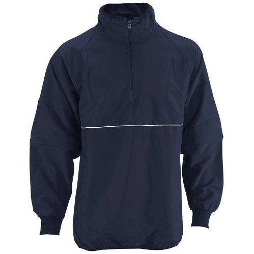 The Smitty Convertible Umpire Jacket (BBS323) features a navy base with a thin white horizontal chest stripe, long sleeves, high collar, front half-zip, and elastic cuffs.