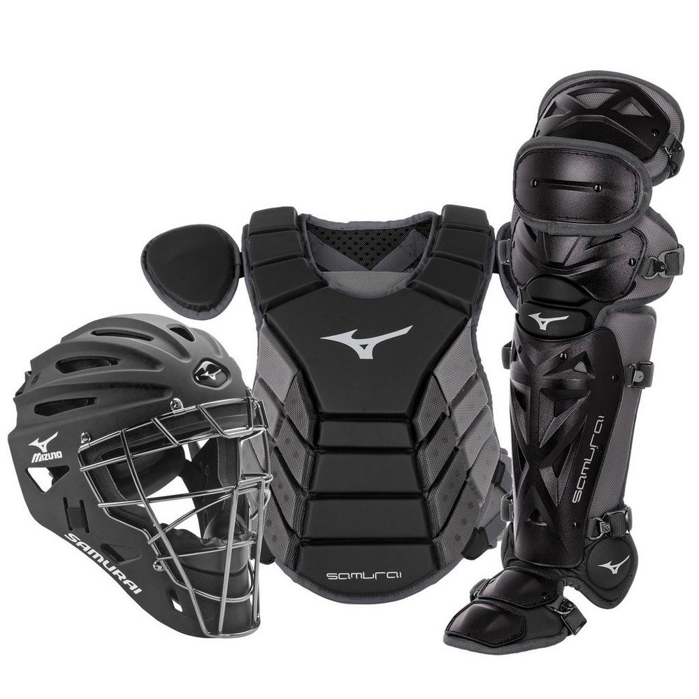 Mizuno Samurai Catcher's Leg Guards (380383/380408/380409) in black, featuring knee protection and the Mizuno logo with “Samurai” label.