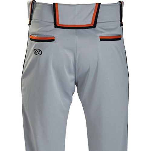 The Rawlings Adult Premium Plated Braid Baseball/Softball Pants (RP150) feature gray 2-way stretch polyester, black & orange trim, semi-relaxed fit, belt loops, double back pockets, pro-style design, and the iconic Rawlings logo.