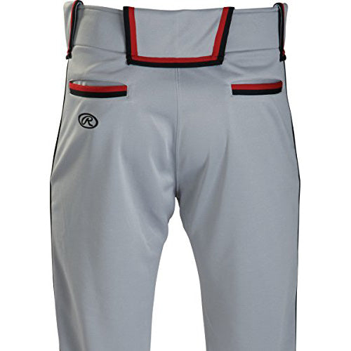 Rawlings Adult Premium Plated Braid Baseball/Softball Pants (RP150) feature gray fabric with black and red waistband/pocket trim, Rawlings logo on the right hip, semi-relaxed fit, pro style details, and 2-way stretch polyester. Back view shown.