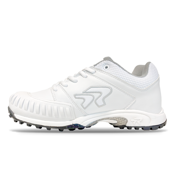 The Ringor Flite Turf PTT Women's Fastpitch Softball Shoes (4842S) feature a white upper, textured sole, gray mesh collar, silver accents, and a stylized logo—perfect for intense play—shown on a plain white background.