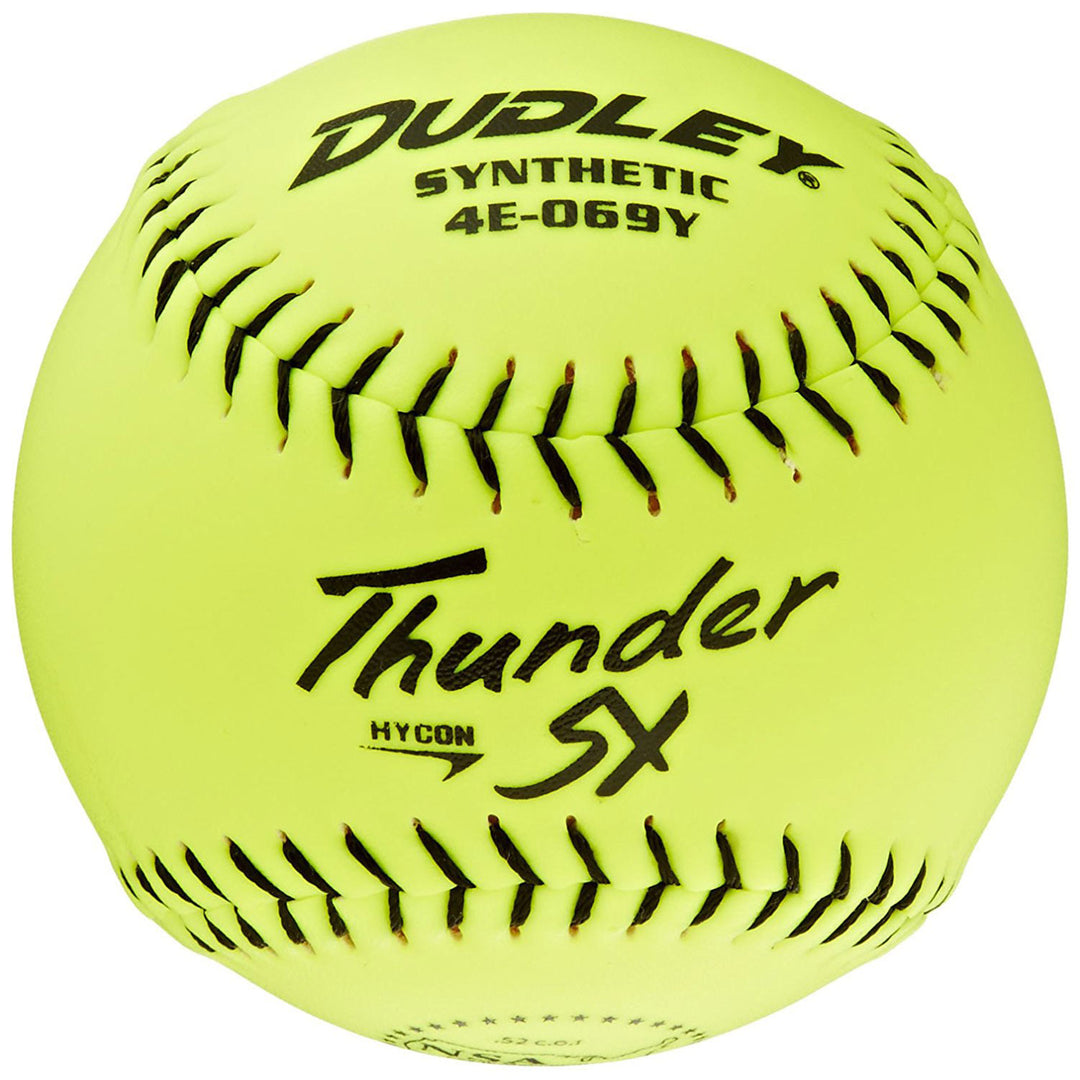 The Dudley NSA Thunder SY Hycon 12" 52/275 Synthetic Slowpitch Softball (4E069Y) features bright yellow color, black stitching, and printed text—ideal for slowpitch games. Brand: Dudley.
