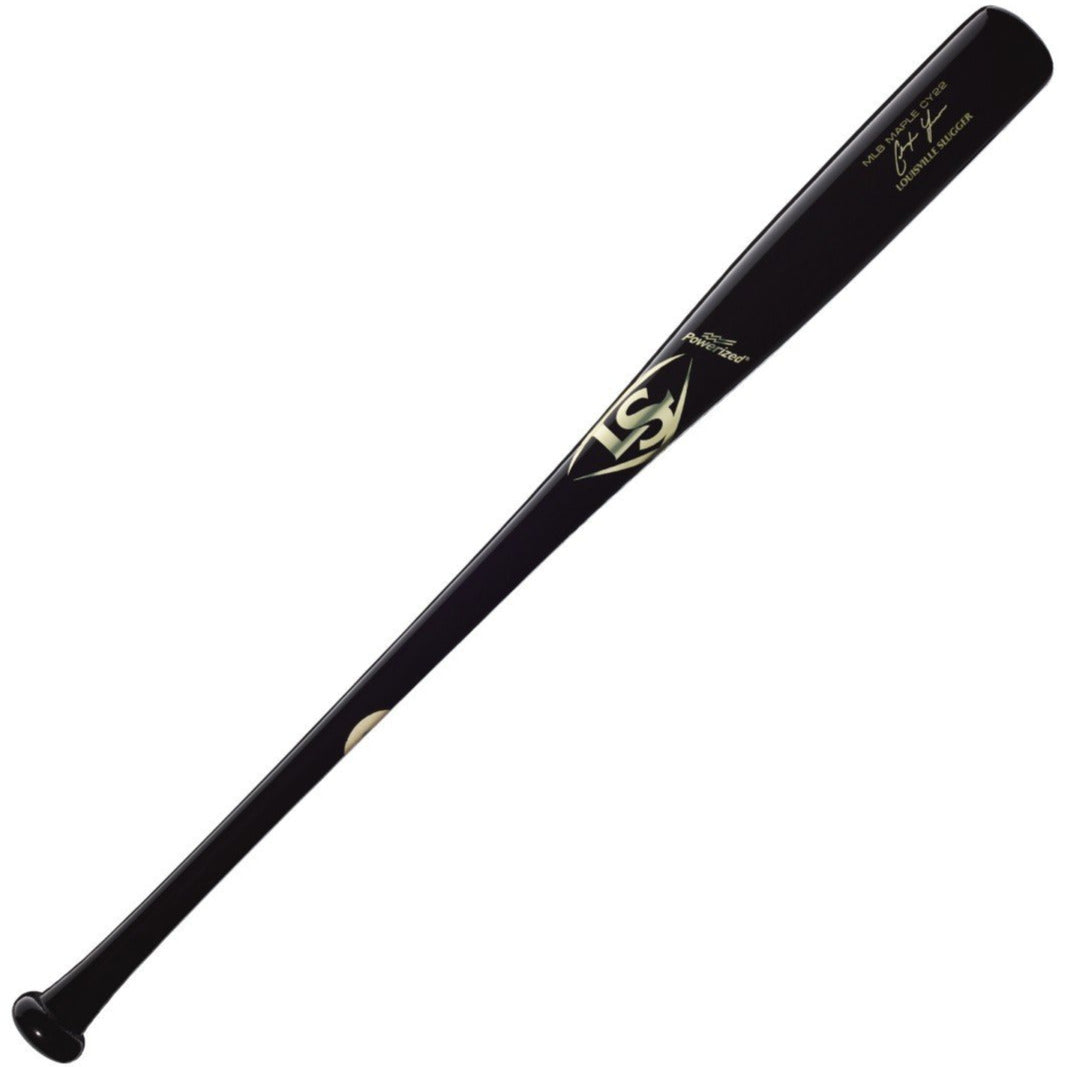 The Louisville Slugger MLB Prime Signature Series CY22 Christian Yelich Game Model Wood Bat (WBL2435010) features a black finish with a gold logo, inspired by the bat used by MLB star Christian Yelich.