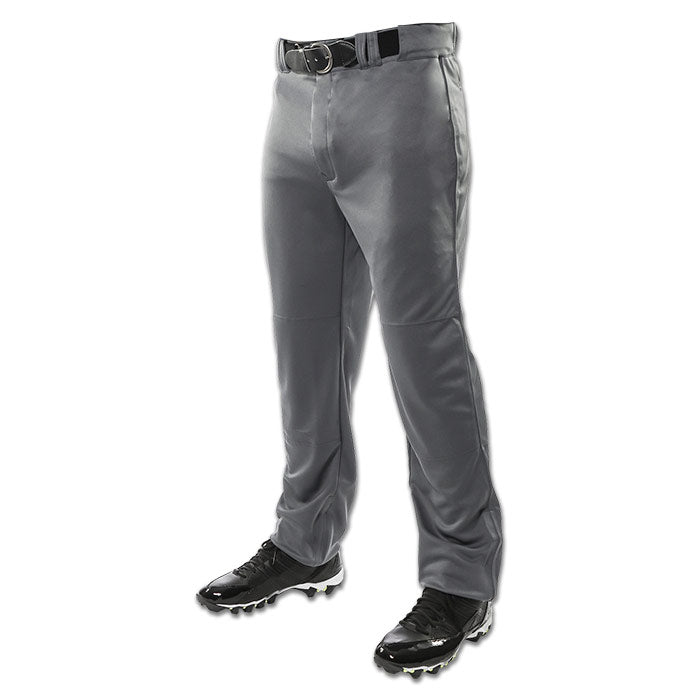 A person models the Champro Sports Youth Triple Crown Open Bottom Baseball Pants (BP9UY) in gray, featuring an adjustable inseam, black belt, and black cleats, against a white background. The upper body is not visible.