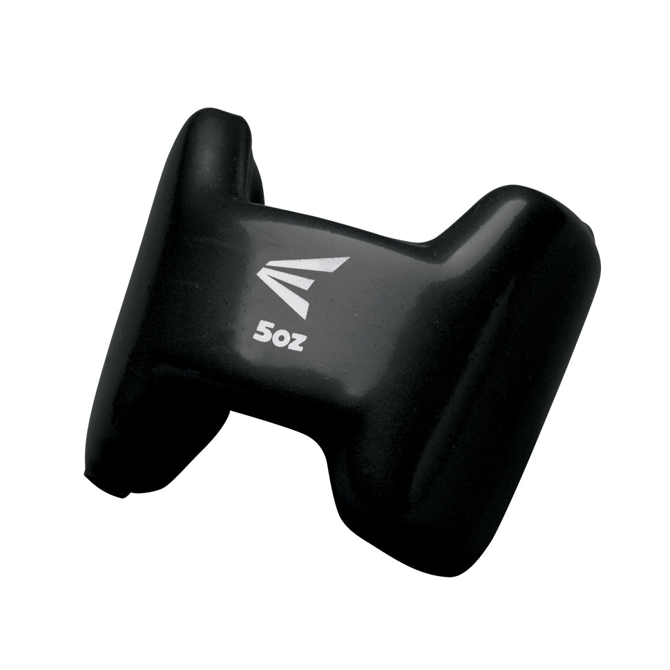 The Easton 5 oz Speed Bat Weight (A153019) features a black, contoured design with a white Easton logo. Its compact, ergonomic shape is ideal for enhancing hand speed during Training Bat Weights sessions. Part of the HIT LAB COLLECTION.