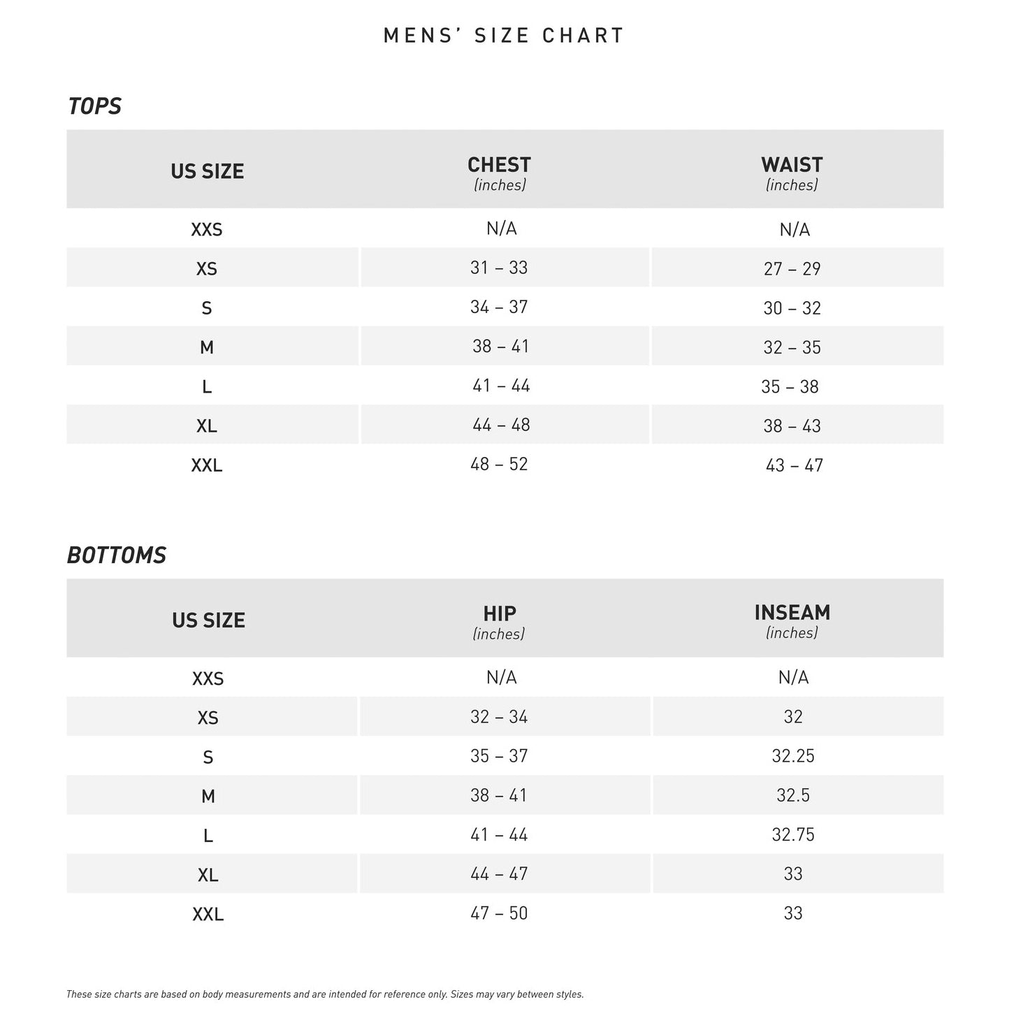 Mizuno Adult Premier Pro G2 Open Bottom Baseball Pants (350386) size chart displays men’s US sizes XXS–XXL with hip and inseam measurements in inches, shown in a clear, professional table format.