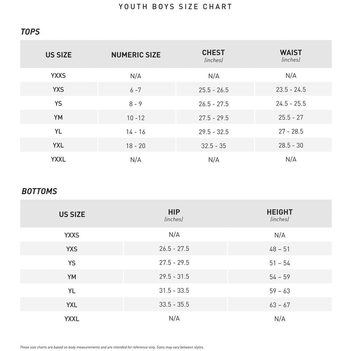Youth boys size chart for tops and Mizuno Youth Premier Short Knicker Baseball Pants: 350312 shows size, numeric size, chest, waist, hip, and height in inches for YXXS—YXXL; some measurements are listed as N/A.