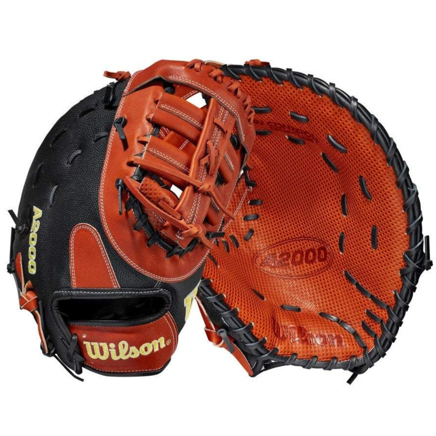 Two views of the Wilson A2000 SC1620SS 12.5" SuperSkin Baseball First Base Mitt (WBW100123125): one shows its black/brown exterior with Wilson's logo, the other highlights the orange leather interior, A2000 branding, and SpinControl Technology.