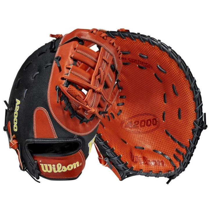 Two views of the Wilson A2000 SC1620SS 12.5" SuperSkin Baseball First Base Mitt (WBW100123125): one shows its black/brown exterior with Wilson's logo, the other highlights the orange leather interior, A2000 branding, and SpinControl Technology.