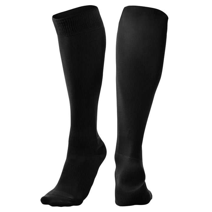 Champro Sports Champro Pro Socks: AS1 are shown on a white background, with one plain black compression sock standing upright and the other angled slightly forward.
