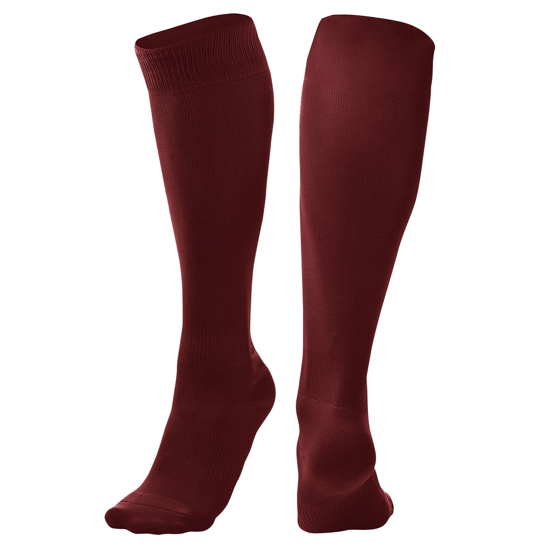 A pair of Champro Sports Pro Socks: AS1 in maroon, long compression style, standing upright on a white background.