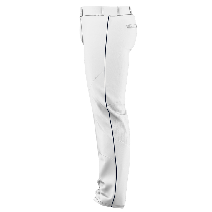 The Alleson Adult Crush Open Bottom Baseball Pants with Piping (655WLB) by Alleson are shown from the left, with a thin dark outer seam stripe, back flap pocket, durable double-knit polyester, sliding protection, and an athletic fit.
