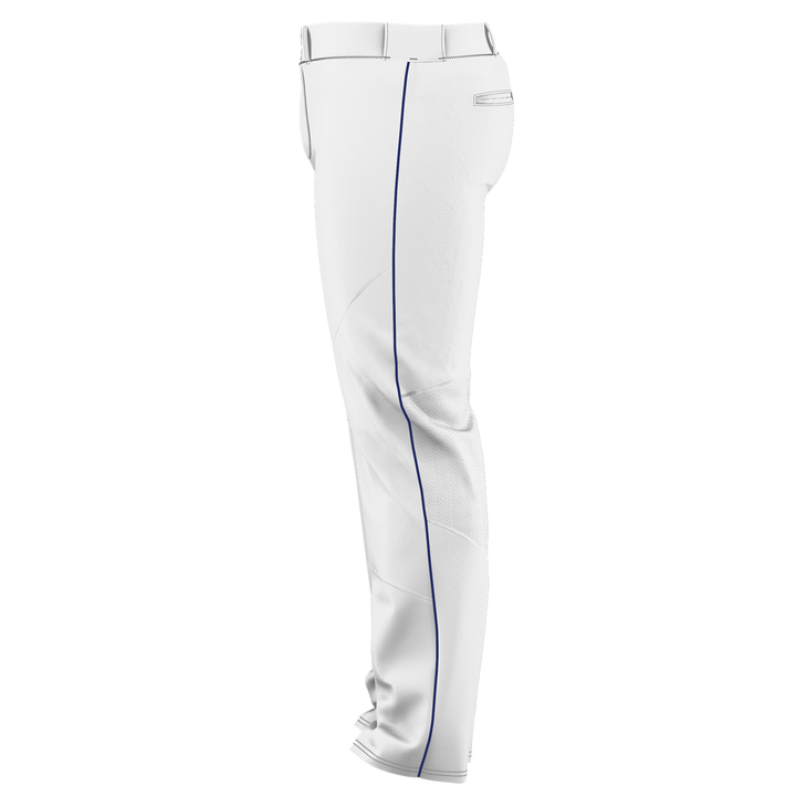 The Alleson Adult Crush Open Bottom Baseball Pants with Piping (655WLB) by Alleson are white double-knit polyester pants, shown side view, featuring a blue vertical stripe and a back flap pocket for durability and style.