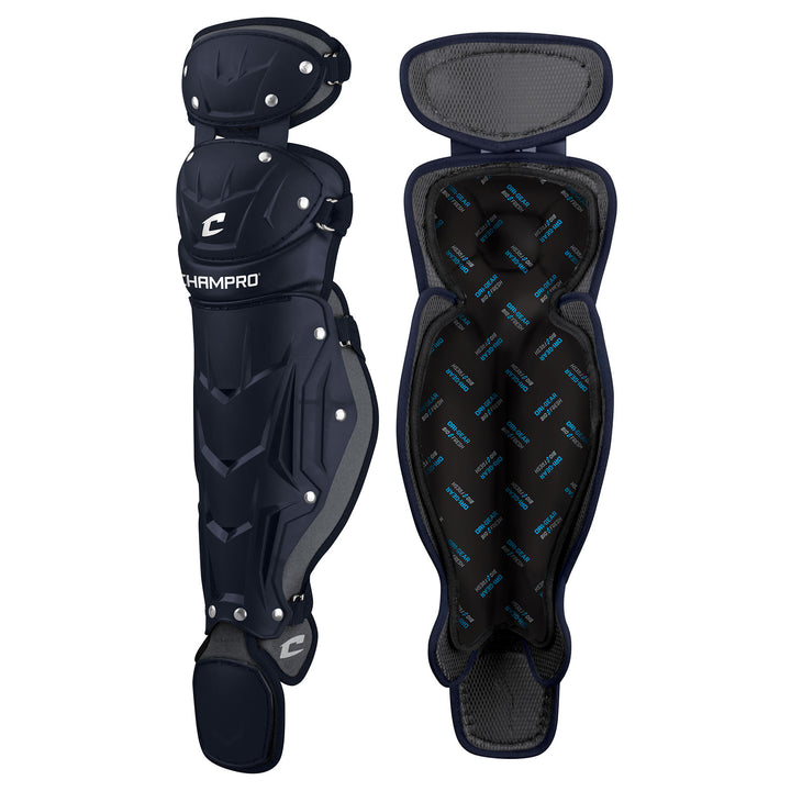 Two Champro Optimus Pro Catcher's Leg Guards (CG18) by Champro Sports in navy blue: one shown front-facing with a hard shell PE shin plate, the other from the back showing padded lining, printed text, and adjustable straps.