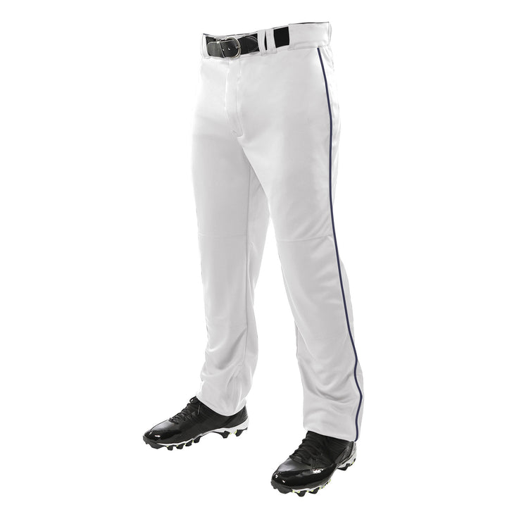 A person wears Champro Sports Triple Crown Open Bottom Baseball Pants with blue piping (BP91UA), paired with a black belt and black cleats; shown from the waist down.