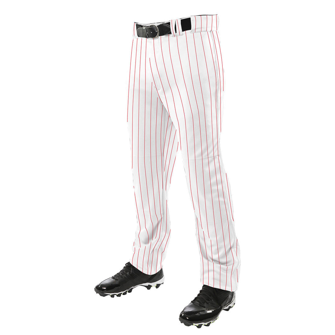 A person is wearing Champro Sports Youth Triple Crown Pinstripe Open Bottom Baseball Pants (BPPINY), made of abrasion-resistant pro-warp polyester with thin red vertical stripes, along with a black belt and black cleats. Upper body not visible.