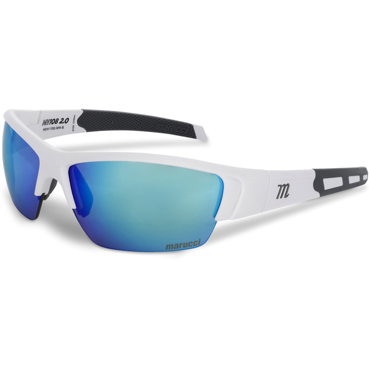 The Marucci MV108 2.0 Performance Sunglasses (MSNV1082) feature a sleek white and black frame, blue mirrored Carl Zeiss lenses with the Marucci name, a stylized "m" on the arm, and rubberized grips for comfort.