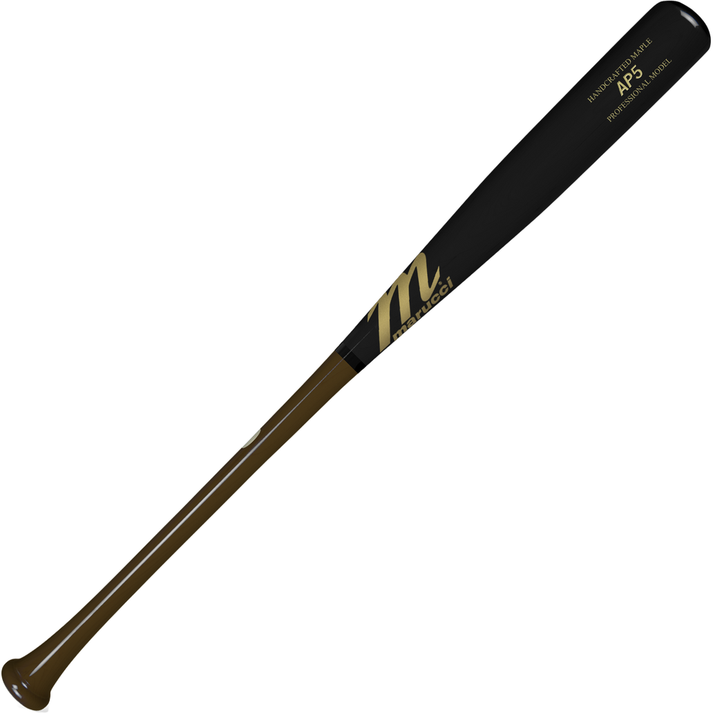The Marucci AP5 Pro Model Maple Wood Bat: MVE3AP5 features a two-tone design with a dark brown handle, glossy black barrel, gold text, and a stylized "M" logoโideal for power hitters who value both style and performance.