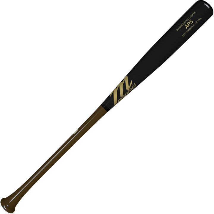 The Marucci AP5 Pro Model Maple Wood Bat: MVE3AP5 features a two-tone design with a dark brown handle, glossy black barrel, gold text, and a stylized "M" logo—ideal for power hitters who value both style and performance.
