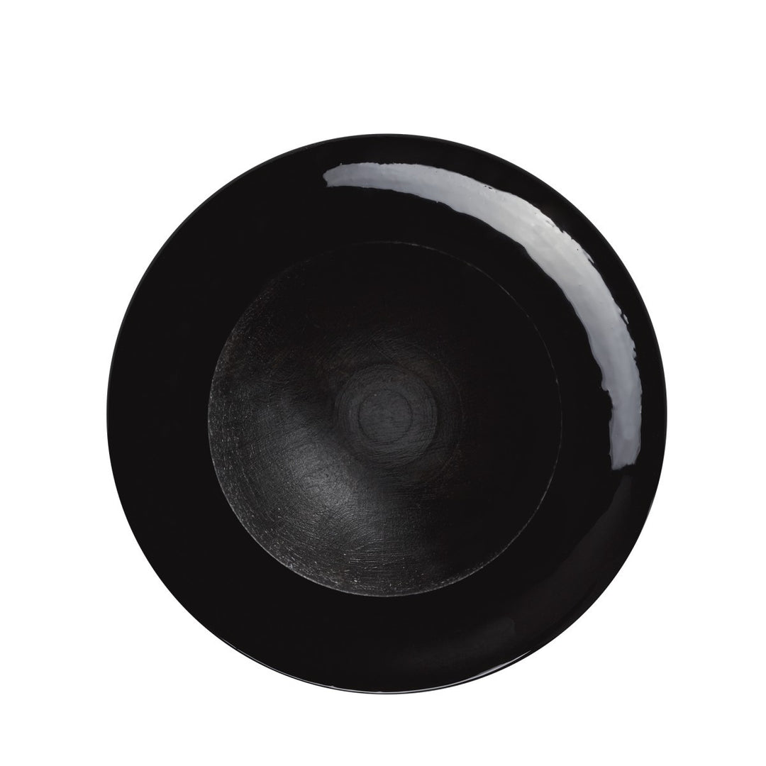 A round, glossy black plate features a subtle circular center pattern and a reflective white streak near the rim—reminiscent of the finish on the Louisville Slugger MLB Prime Signature Series CY22 Christian Yelich Game Model Bat—set against white.